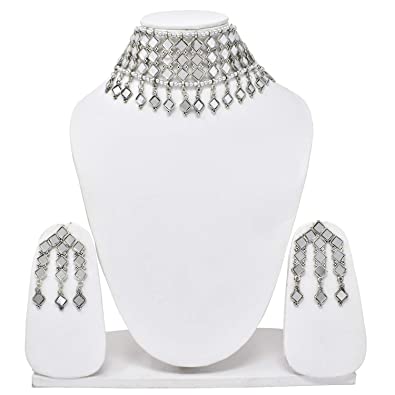Silver Oxidized Mirror choker earrings set - The Indian Rang