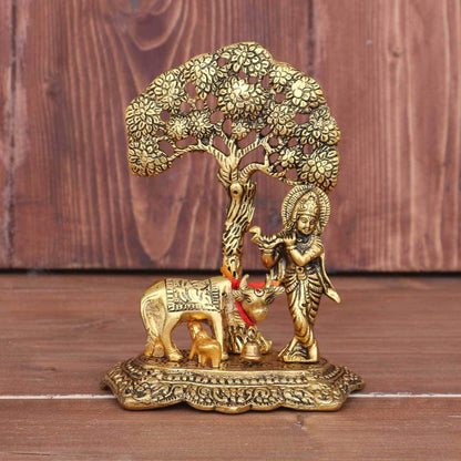 Krishna with Cow Standing Under Tree Plying Flute Decorative Brass Showpiece - The Indian Rang
