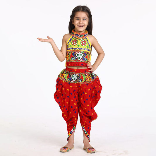 Red dhoti choli halter neck kids Navaratri dress - The Indian Rang