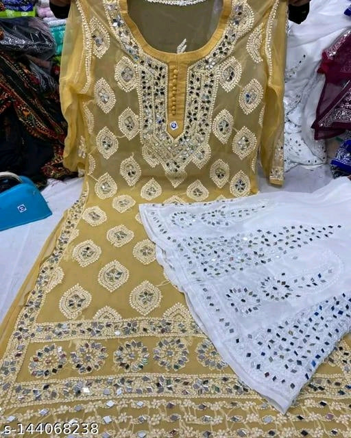 Yellow Heavy mirror chikankari kurti with lining – Indi Ethnics