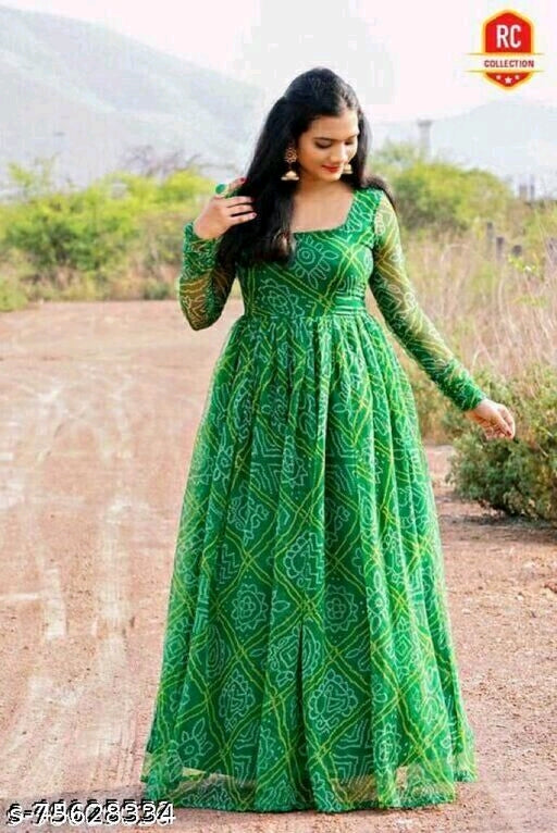 Green Bandhani Type Ready-Made Gown, Stitched at Rs 650 in Surat | ID:  25262550155